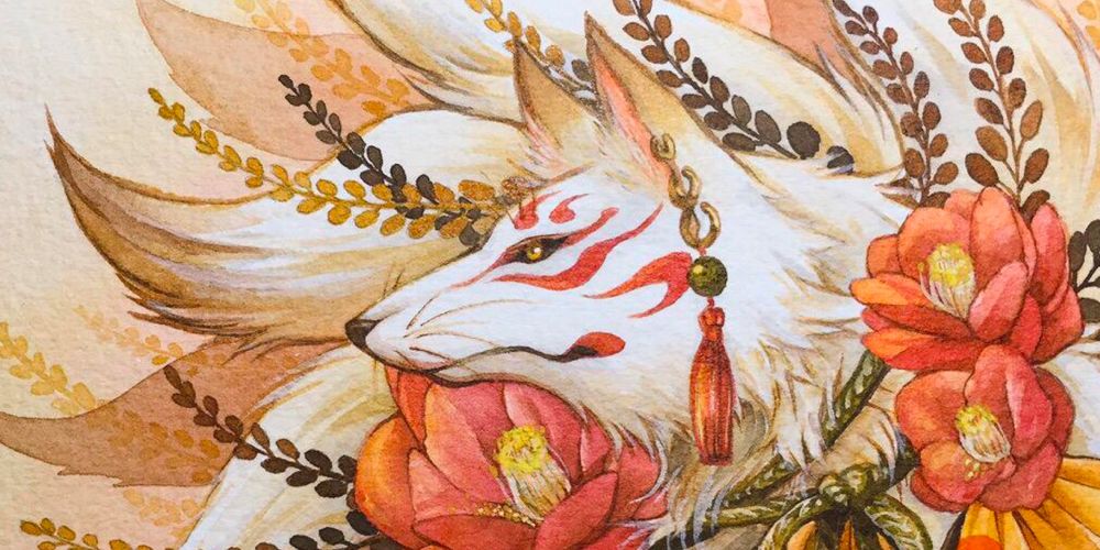 A Kitsune fox spirit portrayed with traditional red, white and gold colors as depicted in Japanese folklore