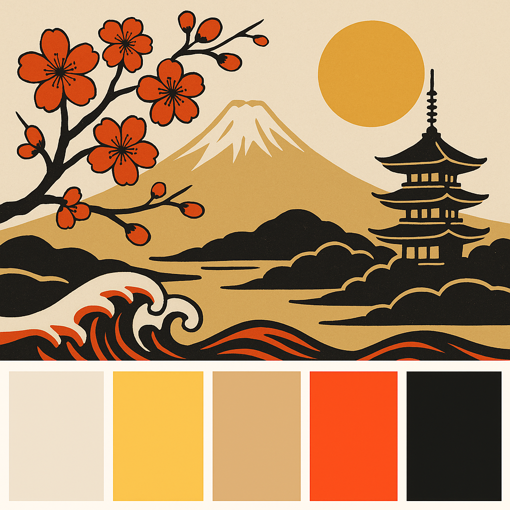 Red, white, and gold color palette reference used as the primary color scheme for the 3D food stall model