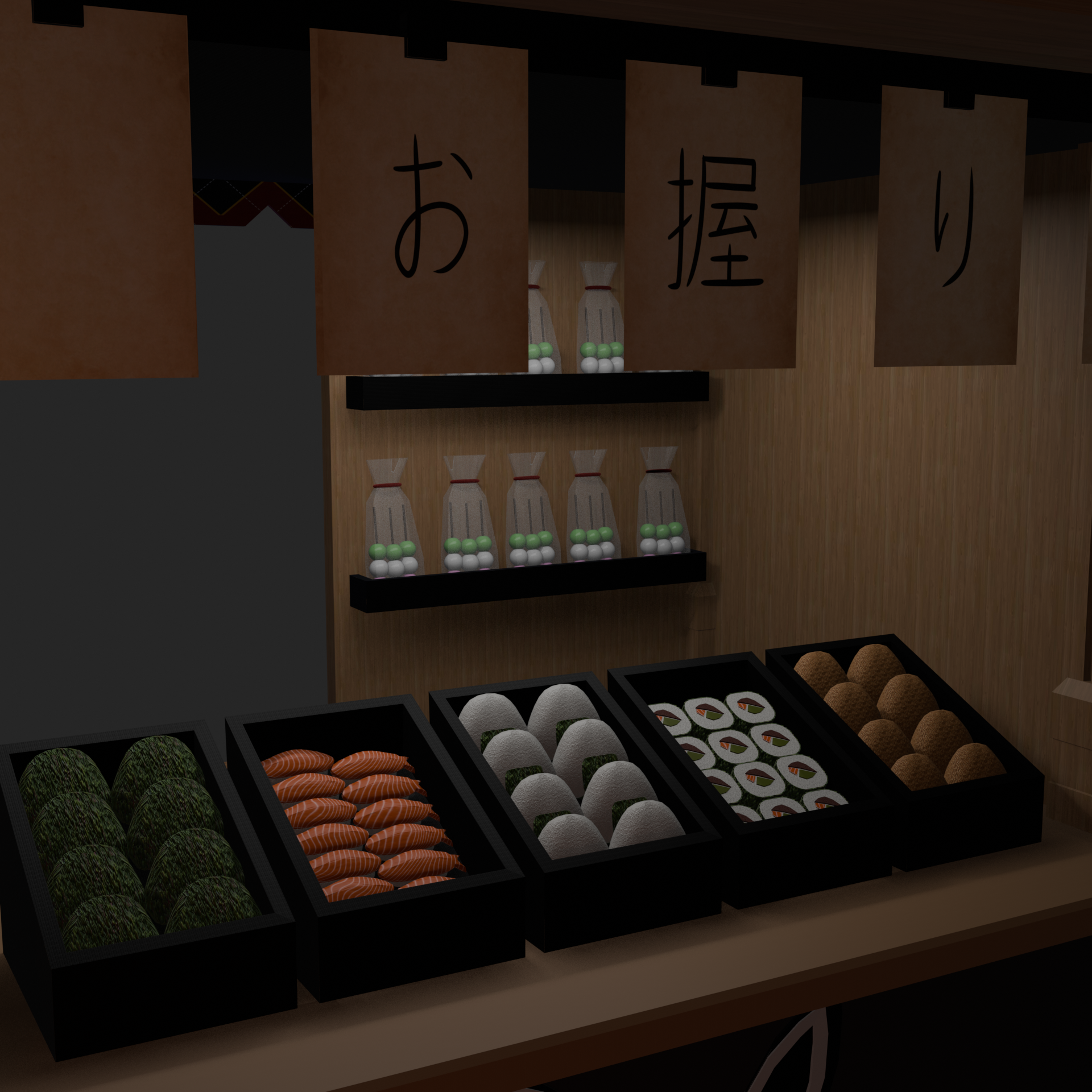 Close-up view of the 3D food stall showing detailed textures of various food types modeled, with dango bags against the back wall