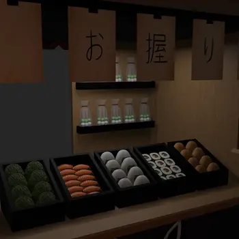 Close-up 3D model detail: food types and dango bags, modeled in Blender