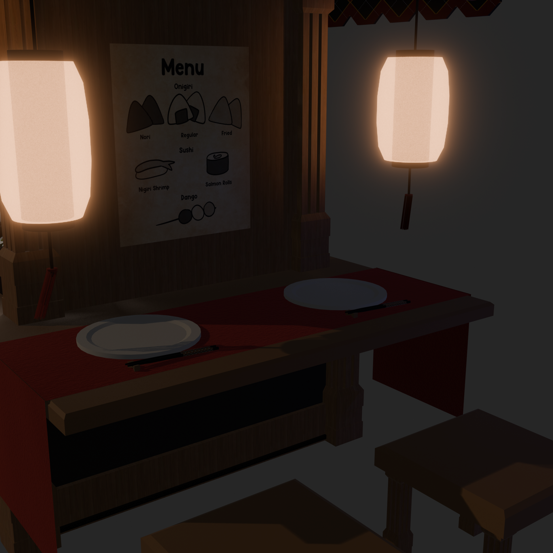 Detailed view of the food stall's dining area featuring 2 chairs, plates and pairs of chopsticks, with the menu displayed against the wall